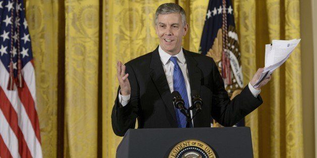 US Secretary of Education Arne Duncan speaks at the ConnectED conference in the East Room of the White House November 19, 2014 in Washington, DC. US President Barack Obama hosted school leaders and educators from across the country at the White House for ConnectED to the Future, a day-long convening to explore the potential of education technology and the innovations needed to bring Americas schools into the digital age. At the event, the President will launch his Administrations effort to assist school leaders in their transition to digital learning, following his plan to connect 99 percent of Americas students high-speed broadband internet in their schools and librariesAFP PHOTO/Brendan SMIALOWSKI (Photo credit should read BRENDAN SMIALOWSKI/AFP/Getty Images)