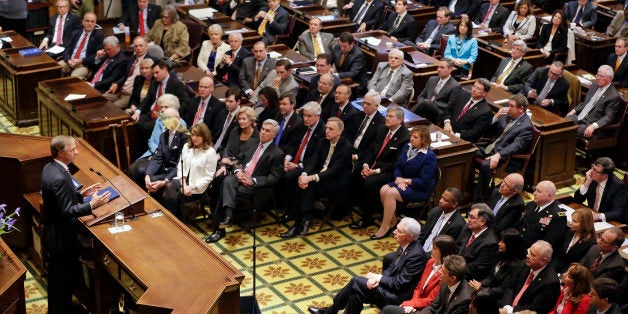 Gov. Bill Haslam delivers his annual State of the State address to the Tennessee Legislature, Monday, Feb. 9, 2015, in Nashville, Tenn. (AP Photo/Mark Humphrey)