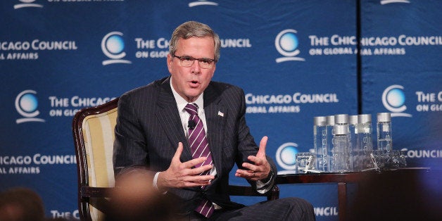 CHICAGO, IL - FEBRUARY 18: Former Florida Governor Jeb Bush speaks to guests at a luncheon hosted by the Chicago Council on Global Affairs on February 18, 2015 in Chicago, Illinois. Bush delivered his first major foreign policy speech at the event as he continues to test the waters for a potential run for president in 2016. (Photo by Scott Olson/Getty Images)