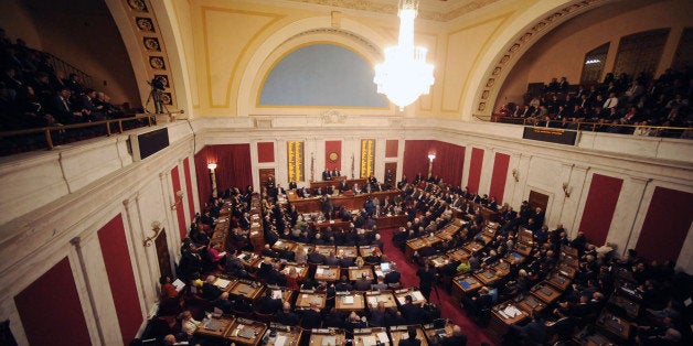 Gov. Earl Ray Tomblin speaks to a large crowd Wednesday, Jan. 11, 2012 during his state of the state address at the Capitol in Charleston, W.Va. (AP Photo/Jeff Gentner)