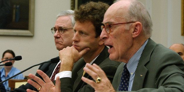 Former National Security Agency Director Gen. William Odom testifies before the House Select Intelligence Committee on Capitol Hill Wednesday, Aug. 4, 2004, as the committee opened hearings on recommendations of the 9/11 commission. Former Deputy Defense Secretary John Hamre is at left and Brookings Institute military analyst Michael O'Hanlon in the center. (AP Photo/Dennis Cook)