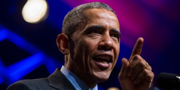 WASHINGTON, DC - MARCH 9: (AFP OUT) U.S. President Barack Obama speaks at the National League of Cities annual Congressional City Conference at the Marriott Wardman Park March 9, 2015 in Washington, DC. Obama spoke about his administration's bid to provide competitive grants to increase high-tech training and jobs. (Photo by Jim Lo Scalzo-Pool/Getty Images)