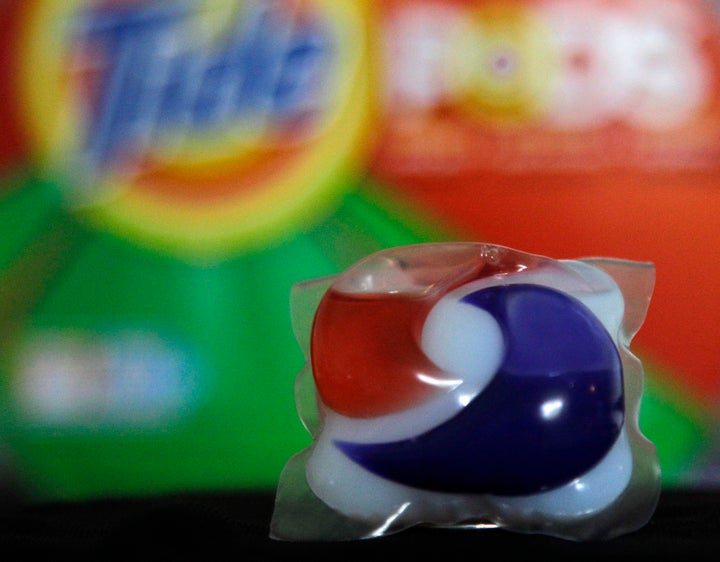 Laundry detergent makers introduced miniature packets in recent months such as this one photographed Thursday, May 24, 2012, in Houston. But doctors across the country say children are confusing the tiny, brightly colored packets with candy and swallowing them. Nearly 250 cases have been reported to poison control centers. (AP Photo/Pat Sullivan)