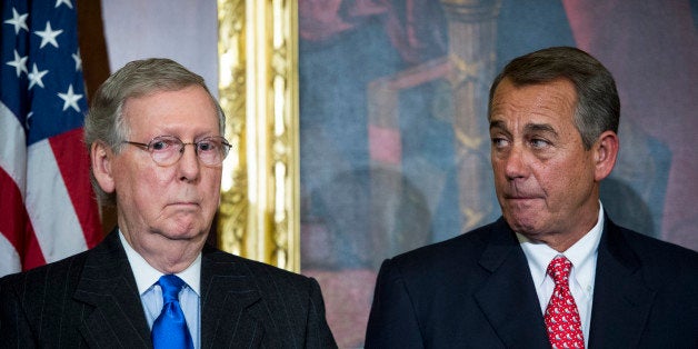 UNITED STATES - FEBRUARY 10: Senate Majority Leader Mitch McConnell, R-Ky., left, and Speaker of the House John Boehner, R-Ohio, participate in the ceremony to sign H.R.203, the 'Clay Hunt Suicide Prevention for American Veterans Act.' in the Capitol on Tuesday, Feb. 10, 2015. (Photo By Bill Clark/CQ Roll Call)