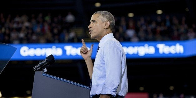 US President Barack Obama speaks at Georgia Tech on March 10, 2015 in Atlanta, Georgia. Obama spoke about making collage more