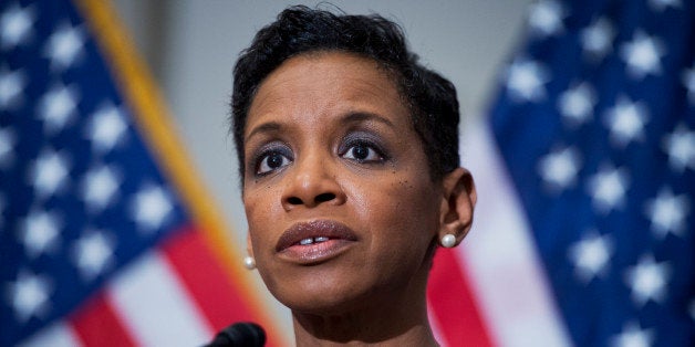 UNITED STATES - JANUARY 14: Rep. Donna Edwards, D-Md., speaks to the media after meeting of the House Democratic Caucus in th
