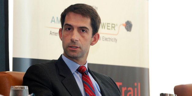 U.S. Rep. Tom Cotton, R-Ark., is interviewed at a Real Clear Politics event in Little Rock, Ark., Thursday, Sept. 25, 2014. (AP Photo/Danny Johnston)