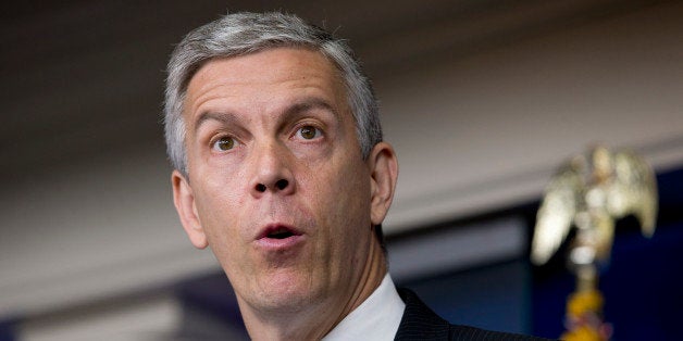 Education Secretary Arne Duncan speaks about education, Monday, July 7, 2014, during the daily briefing at the White House in Washington. The nation's largest teachers' union wants Duncan to quit. Delegates of the National Education Association adopted a business item July 4 at its annual convention in Denver that called for his resignation. The vote underscores the long standing tension between the Obama administration and teachers' unions _ historically a steadfast Democratic ally. (AP Photo/Jacquelyn Martin)