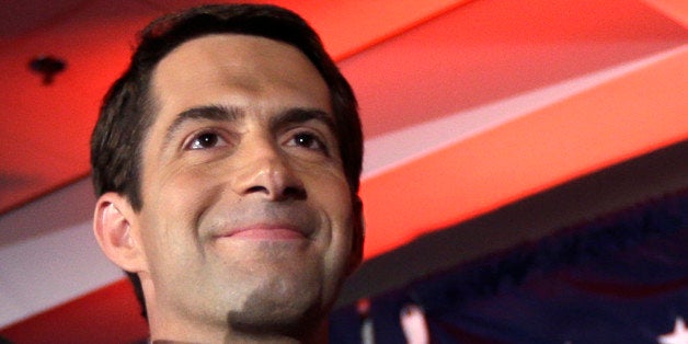 FILE - In this Nov. 4, 2014 file photo, then-Sen.-elect Tom Cotton, R-Ark. waves at his election watch party in North Little