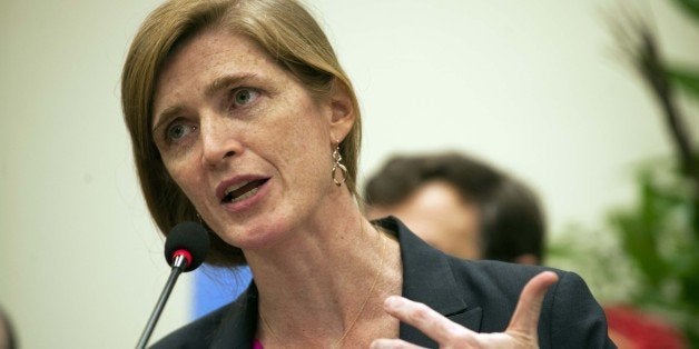 US Ambassador to the United Nations Samantha Power speaks during a press conference after a meeting with Haitian President Michel Martelly and representatives of 15 Member States of the United Nations Security Council, at the National Palace in Port-au-Prince, on January 23, 2015. United Nations Security Council members arrived in Haiti on Friday for a three-day visit aimed at pressing the government to hold long-delayed elections in order to stem a mounting political crisis. AFP PHOTO/HECTOR RETAMAL (Photo credit should read HECTOR RETAMAL/AFP/Getty Images)