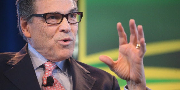 DES MOINES, IA - MARCH 07: Former Texas Governor Rick Perry fields questions from Bruce Rastetter at the Iowa Ag Summit on March 7, 2015 in Des Moines, Iowa. The event allows the invited speakers, many of whom are potential 2016 Republican presidential hopefuls, to outline their views on agricultural issue. (Photo by Scott Olson/Getty Images)