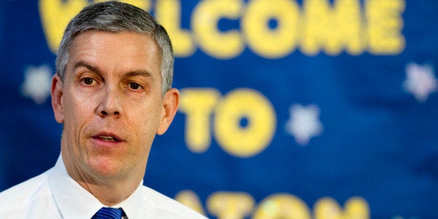 Education Secretary Arne Duncan speaks about the administration's priorities for education, Monday, Jan. 12, 2015, at Seaton Elementary in Washington. Duncan said that testing U.S. schoolchildren annually in math and reading is critical for measuring their educational progress, setting the stage for what is likely to be a contentious Capitol Hill debate on the federal role in education. (AP Photo/Jacquelyn Martin)