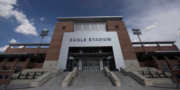 The front entrance of the new $60 million football stadium is shown at Allen High School Tuesday, Aug. 28, 2012 in Allen, Texas. Allen High School northeast of Dallas christens the stadium Friday night with a matchup against defending state champion Southlake Carroll. While other school districts are struggling to retain teachers and keep classroom sizes down, Allen voters approved a $119 million bond issue that pays for the stadium and other district facilities. (AP Photo/LM Otero)