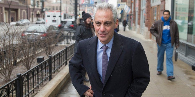 CHICAGO, IL - FEBRUARY 24: Chicago Mayor Rahm Emanuel leaves a restaurant after having lunch with U.S. Representative Luis G