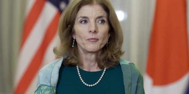 US Ambassador to Japan Caroline Kennedy looks on prior to a dinner held by Japanese Prime Minister Shinzo Abe for former US President Bill Clinton at Abe's official residence in Tokyo on March 17, 2015. Clinton is in Tokyo to attend a symposium on March 18 entitled 'The Torch has been passed: JFK's Legacy Today' being jointly held by the John F. Kennedy Library Foundation and Waseda University. AFP PHOTO / POOL / KIMIMASA MAYAMA (Photo credit should read KIMIMASA MAYAMA/AFP/Getty Images)