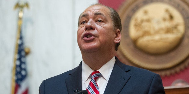 Gov. Earl Ray Tomblin, delivers his annual State of the State speech on Wednesday, Jan. 14, 2015, in Charleston, W.Va. (AP Photo/Tyler Evert)