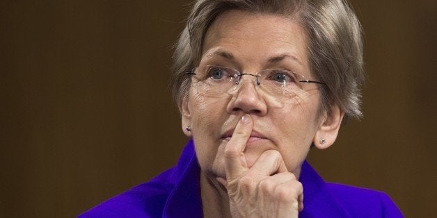 US Senator Elizabeth Warren, Democrat of Massachussetts, attends a US Senate Banking, Housing and Urban Affairs Committee hearing on Capitol Hill in Washington, DC, February 24, 2015. Federal Reserve Chair Janet Yellen testified Tuesday that the US labor market still showed cyclical weakness and inflation continued to fall, making any interest rate hike unlikely before June. In testimony in Congress, Yellen also said that frailties in China and Europe continued to pose a risk for the US economy, supporting the need for keeping the extraordinarily loose monetary policy currently in place. But she said that generally the US economy continued to grow fast enough to bring down unemployment, and the Fed expected that inflation would return back to normal over the medium term. AFP PHOTO / SAUL LOEB (Photo credit should read SAUL LOEB/AFP/Getty Images)