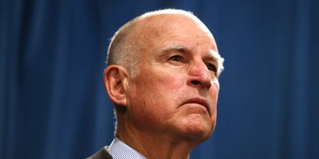 SACRAMENTO, CA - MARCH 19: California Gov. Jerry Brown speaks during a news conference to announce emergency drought legislation on March 19, 2015 in Sacramento, California. As California enters its fourth year of severe drought, California Gov. Jerry Brown joined Senate President pro Tempore Kevin de Leon, Assembly Speaker Toni Atkins, Republican Leaders Senator Bob Huff and Assemblymember Kristin Olsen to announce emergency legislation that aims to assist local communities that are struggling with devastating drought. The $1 billion package is designed to expedite bond funding to help ensure that all Californians have access to local water supplies. (Photo by Justin Sullivan/Getty Images)