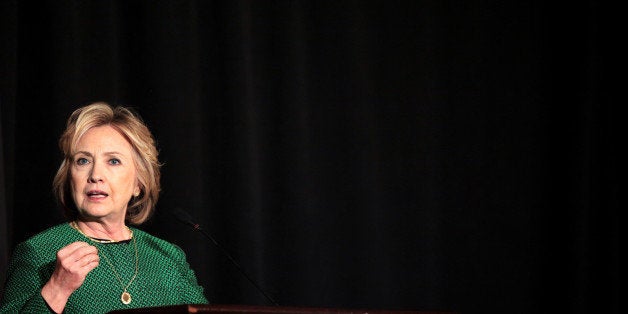 NEW YORK - MARCH 16: Former Secretary of State Hillary Clinton speaks on stage during a ceremony to induct her into the Irish
