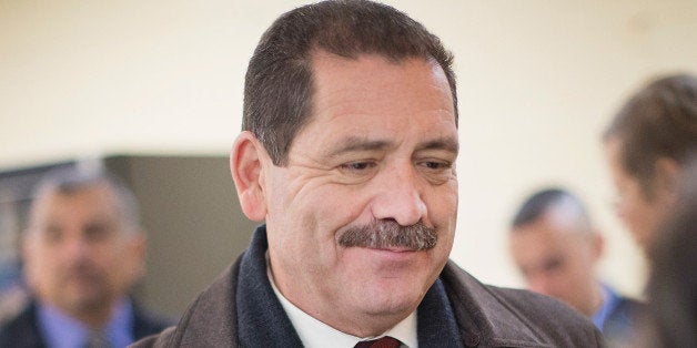 CHICAGO, IL - FEBRUARY 23: Chicago Mayoral candidate Jesus 'Chuy' Garcia greets workers during a campaign stop at a linen an