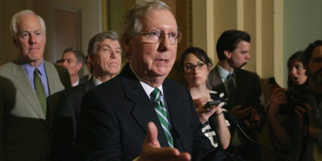 WASHINGTON, DC - MARCH 17: Senate Majority Leader Mitch McConnell (R-KY) talks to reporters about a sex trafficking bill that has stalled in the Senate following the weekly Senate Republican policy luncheon at the U.S. Captiol March 17, 2015 in Washington, DC. McConnell said he will not move on to a vote to confirm Loretta Lynch, the nominee to replace Attorney General Eric H. Holder, until the Senate votes on the sex trafficking bill. (Photo by Chip Somodevilla/Getty Images)