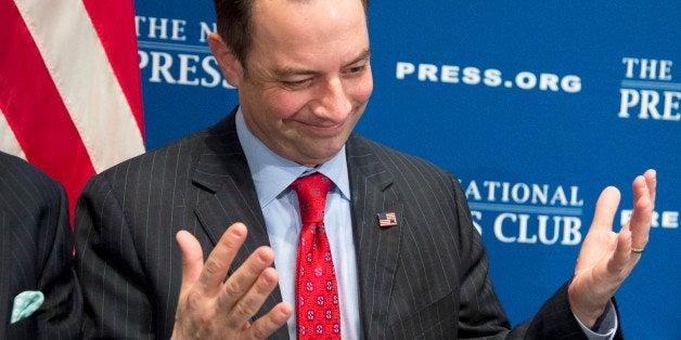 Republican National Committee (RNC) Chairman Reince Priebus gestures while speaking at the National Press Club in Washington,