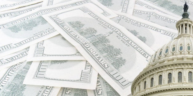 us capitol on 100 us dollars banknotes background