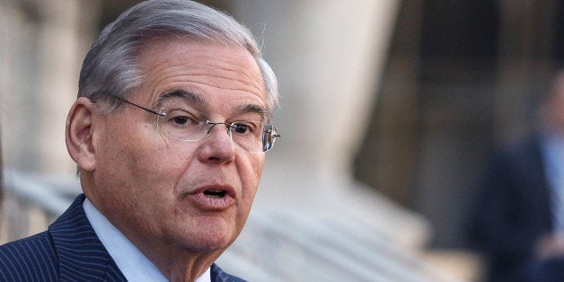 NEWARK, NJ - APRIL 02: U.S. Sen. Robert Menendez (D-NJ) speaks outside the federal court after he was indicted on corruption