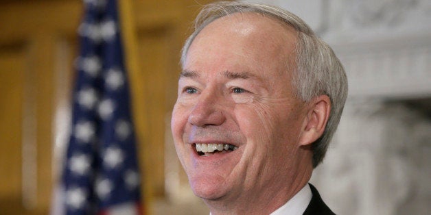 Arkansas Gov. Asa Hutchinson speaks at a news conference in the Governor's Conference Room at the Arkansas state Capitol in Little Rock, Ark., Wednesday, Feb. 18, 2015. (AP Photo/Danny Johnston)