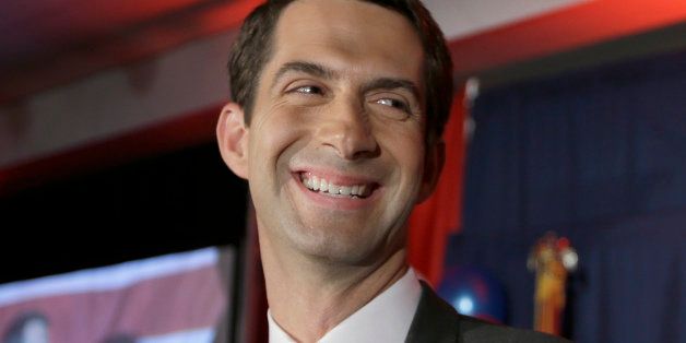 Rep. Tom Cotton, R-Ark. smiles at his election watch party in North Little Rock, Ark., Tuesday, Nov. 4, 2014, after defeating incumbent Sen. Mark Pryor, D-Ark. (AP Photo/Danny Johnston)