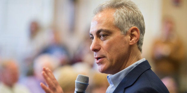 CHICAGO, IL - FEBRUARY 23: Chicago Mayor Rahm Emanuel talks with residents at a senior living center during a campaign stop