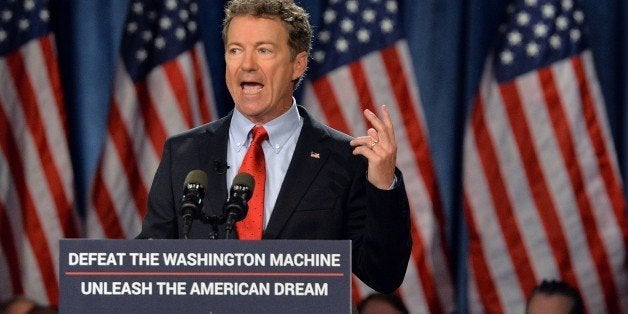 US Senator Rand Paul (R-KY) speaks to supporters during the kickoff of the National Stand with Rand tour on April 7, 2015 in Louisville, Kentucky. Conservative US Senator Rand Paul announced on April 7 that he is running for his party's nomination for the 2016 presidential race, making him the second major Republican to join the contest. AFP PHOTO / MICHAEL B. THOMAS (Photo credit should read Michael B. Thomas/AFP/Getty Images)