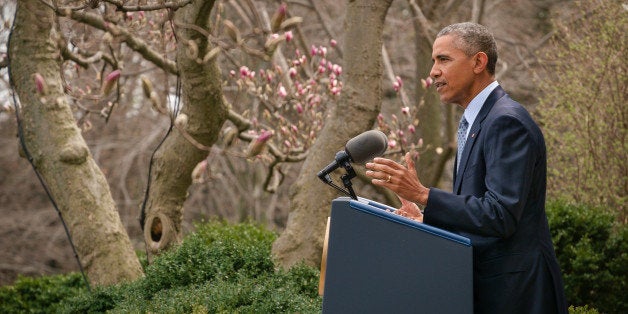 President Barack Obama speaks about the negotiations to curb Iran's nuclear technologies during a statement in the Rose Garden at the White House in Washington, Thursday, April 2, 2015. Iran and and six world powers have agreed on the outlines of an understanding that would open the path to a final phase of nuclear negotiations but are in a dispute over how much to make public. (AP Photo/J. David Ake)