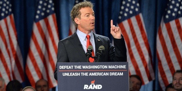 US Senator Rand Paul (R-KY) speaks to supporters during the kickoff of the National Stand with Rand tour on April 7, 2015 in Louisville, Kentucky. Conservative US Senator Rand Paul announced on April 7 that he is running for his party's nomination for the 2016 presidential race, making him the second major Republican to join the contest. AFP PHOTO / MICHAEL B. THOMAS (Photo credit should read Michael B. Thomas/AFP/Getty Images)