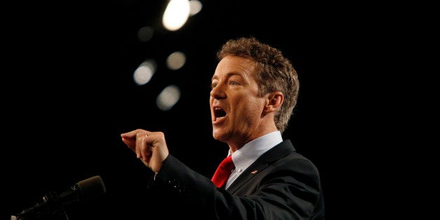 LOUISVILLE, KY - APRIL 7: Sen. Rand Paul (R-KY) delivers remarks while announcing his candidacy for the Republican presidential nomination during an event at the Galt House Hotel on April 7, 2015 in Louisville, Kentucky. Originally an ophthalmologist, Paul rode the Tea Party wave to office in 2010. (Photo by Luke Sharrett/Getty Images)