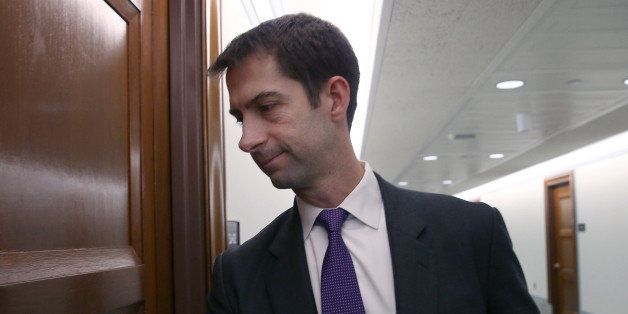 WASHINGTON, DC - MARCH 18: Sen. Tom Cotton (R-AK) walks to a Senate Armed Services Committee hearing on Capitol Hill March 18, 2015 in Washington, DC. The committee was hearing testimony on President Obamas Defense Authorization Request for FY2016 for the Department of the Army and the Department of the Air Force. (Photo by Mark Wilson/Getty Images)