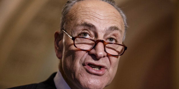 Sen. Chuck Schumer, D-N.Y., and Democratic leaders meet with reporters after Republicans gave up on their quest to stop funding for the Homeland Security Department unless it contained roll backs to counter President Barack Obama's executive actions on immigration, at the Capitol in Washington, Tuesday, March 3, 2015. (AP Photo/J. Scott Applewhite)