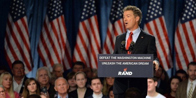 US Senator Rand Paul (R-KY) speaks to supporters during the kickoff of the National Stand with Rand tour on April 7, 2015 in Louisville, Kentucky. Conservative US Senator Rand Paul announced on April 7 that he is running for his party's nomination for the 2016 presidential race, making him the second major Republican to join the contest. AFP PHOTO / MICHAEL B. THOMAS (Photo credit should read Michael B. Thomas/AFP/Getty Images)