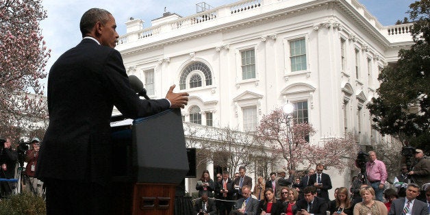 WASHINGTON, DC - APRIL 02: U.S. President Barack Obama delivers remarks in the Rose Garden of the White House on negotiations with Iran over their nuclear program on April 2, 2015 in Washington, DC. In exchange for Iran's agreement to curb their country's nuclear proliferation, the United States would lift some of the crippling sanctions imposed. (Photo by Win McNamee/Getty Images)