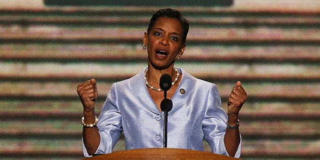 CHARLOTTE, NC - SEPTEMBER 06: U.S. Rep. Donna F. Edwards (D-MD) speaks on stage during the final day of the Democratic Natio