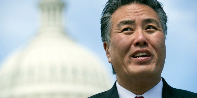 Rep. Mark Takano, D-Calif., announces an amendment to extend the Veterans Retraining Assistance Program, Thursday, March 27, 2014, during a news conference on Capitol Hill in Washington. (AP Photo/Cliff Owen)