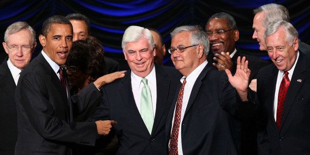 WASHINGTON - JULY 21: U.S. President Barack Obama (L) greets Rep. Barney Frank (R) (D-MA) and Sen. Chris Dodd (C) (D-CT) after signing the Dodd-Frank Wall Street Reform and Consumer Protection Act at the Ronald Reagan Building July 21, 2010 in Washington, DC. The bill is the strongest financial reform legislation since the Great Depression and also creates a consumer protection bureau that oversees banks on mortgage lending and credit card practices. (Photo by Win McNamee/Getty Images)
