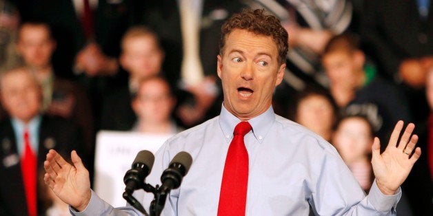 Republican Presidential candidate, Sen. Rand Paul, R-Ky., speaks, Wednesday, April 8, 2015, in Milford, N.H. Paul, a newly de