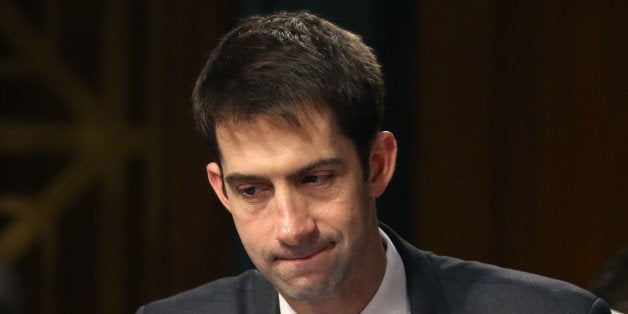 WASHINGTON, DC - MARCH 18: Sen. Tom Cotton (R-AK) looks at his papers during a Senate Armed Services Committee hearing on Ca