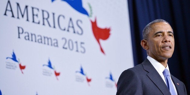 US President Barack Obama speaks during a press conference at the Summit of the Americas at the ATLAPA Convention Center on A