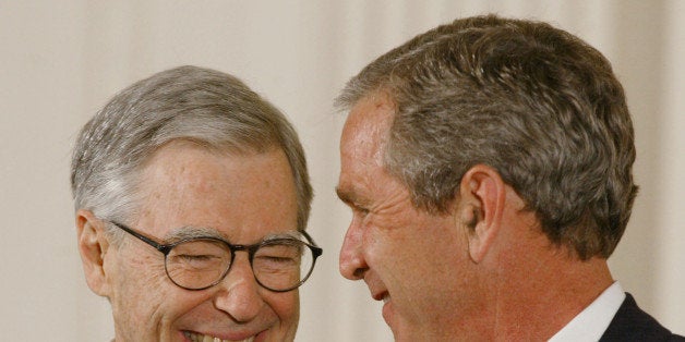 WASHINGTON, DC - JULY 9, 2002: (FILE PHOTO) U.S. President George W. Bush presents Fred Rogers (L) with the Presidential Medal of Freedom Award during a ceremony July 9, 2002 at the White House in Washington, DC. The medal is the highest civilian award given to those who have made meritorious contributions to the security or national interests of the United States, to world peace, or to cultural or other significant public or private endeavors. Rogers, who was the host of public television's 'Mister Rogers' Neighborhood' for more than 30 years, died at the age of 74 February 27, 2003 at his Pittsburgh, Pennsylvania home. He had been suffering from stomach cancer. (Photo by Mark Wilson/Getty Images)