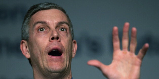 WASHINGTON, DC - JANUARY 28: U.S. Education Secretary Arne Duncan addresses the National School Board Association's Federal Relations Nedtwork Conference at the Hilton Washington Hotel January 28, 2013 in Washington, DC. Duncan faced a number of questions from conference attendees on issues including charter schools, unfunded mandates and reauthorization of the No Child Left Behind program. (Photo by Chip Somodevilla/Getty Images)