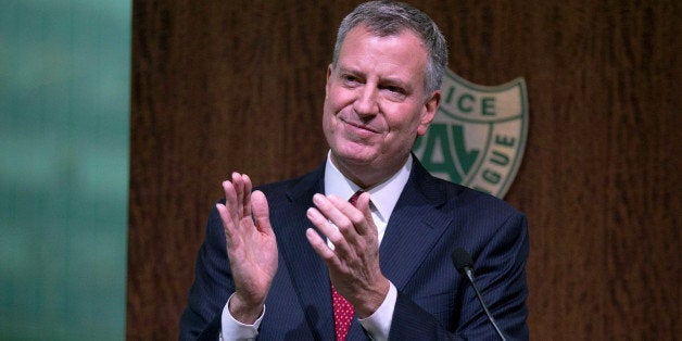 NEW YORK, NY - DECEMBER 22: New York City Mayor Bill de Blasio speaks during the Police Athletic League December Luncheon in