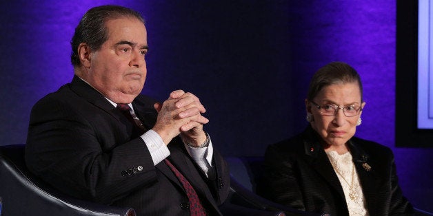 WASHINGTON, DC - APRIL 17: Supreme Court Justices Antonin Scalia (L) and Ruth Bader Ginsburg (R) wait for the beginning of the taping of 'The Kalb Report' April 17, 2014 at the National Press Club in Washington, DC. The Kalb Report is a discussion of media ethics and responsibility at the National Press Club held each month. (Photo by Alex Wong/Getty Images)