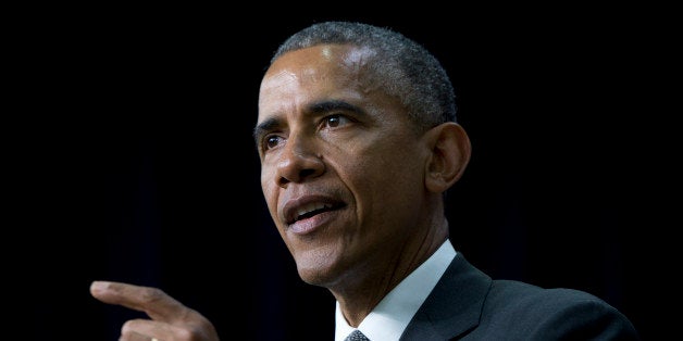 President Barack Obama speaks in the South Court Auditorium in the Eisenhower Executive Office Building on the White House complex, Thursday, April 16, 2015, in Washington, during a Champions of Change event highlighting issues important to working families. (AP Photo/Carolyn Kaster)